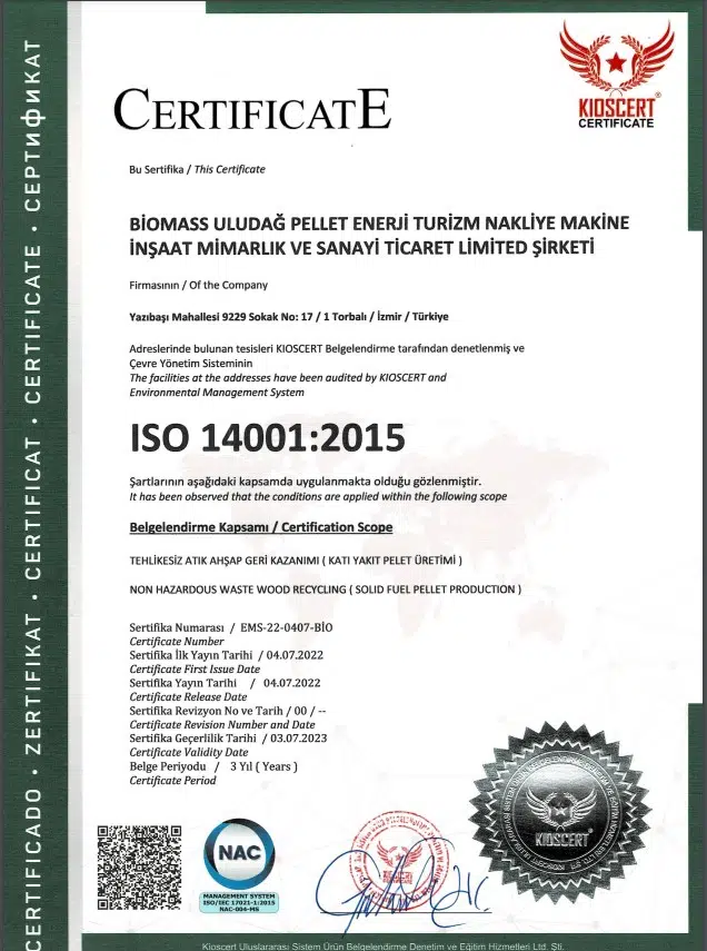 Træpille certifikat - ISO 14001:2015