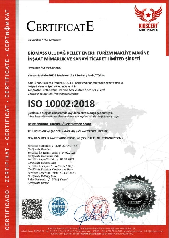 Træpille certifikat - ISO 10002:2018